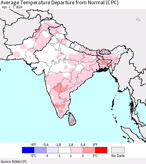 Southern Asia Average Temperature Departure from Normal (CPC) Thematic Map For 4/1/2024 - 4/7/2024
