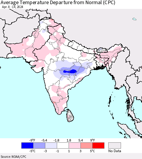 Southern Asia Average Temperature Departure from Normal (CPC) Thematic Map For 4/8/2024 - 4/14/2024
