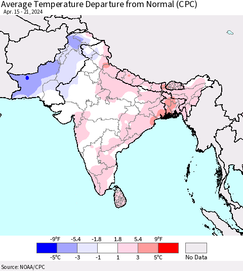 Southern Asia Average Temperature Departure from Normal (CPC) Thematic Map For 4/15/2024 - 4/21/2024