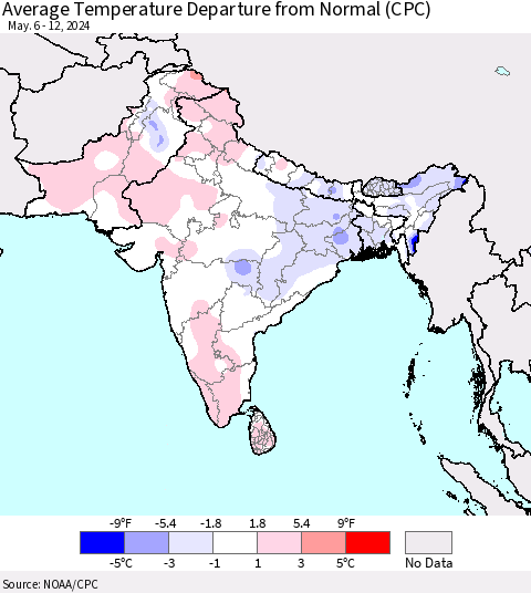 Southern Asia Average Temperature Departure from Normal (CPC) Thematic Map For 5/6/2024 - 5/12/2024