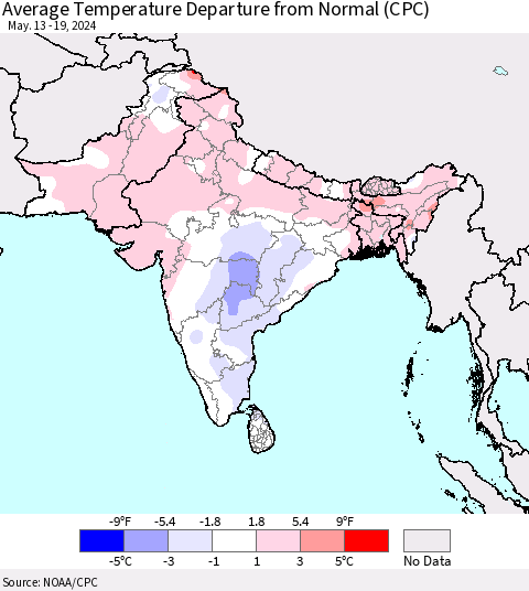 Southern Asia Average Temperature Departure from Normal (CPC) Thematic Map For 5/13/2024 - 5/19/2024