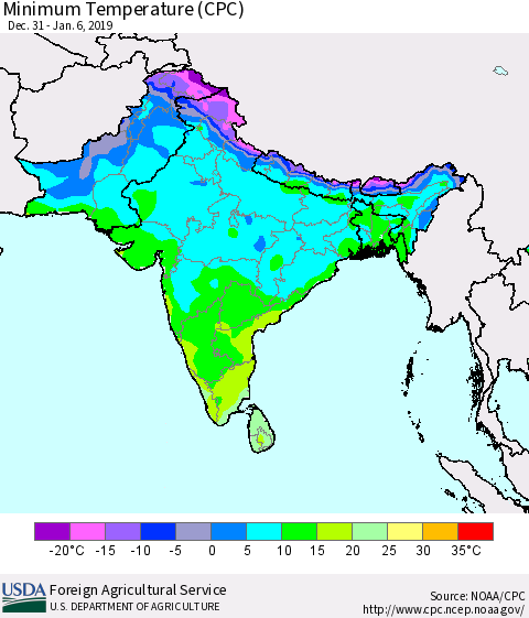 Southern Asia Mean Minimum Temperature (CPC) Thematic Map For 12/31/2018 - 1/6/2019