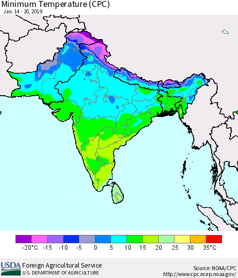 Southern Asia Mean Minimum Temperature (CPC) Thematic Map For 1/14/2019 - 1/20/2019