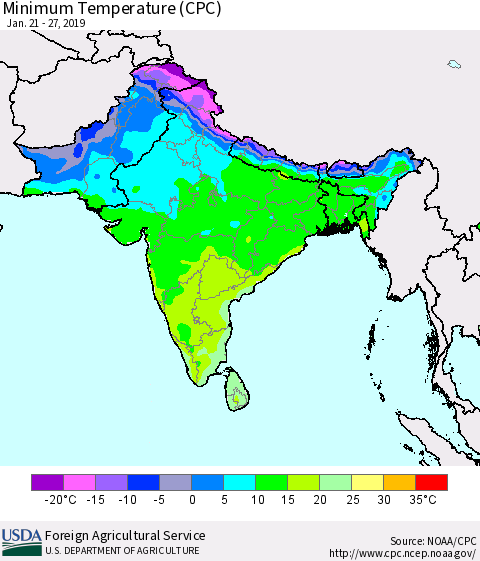 Southern Asia Mean Minimum Temperature (CPC) Thematic Map For 1/21/2019 - 1/27/2019