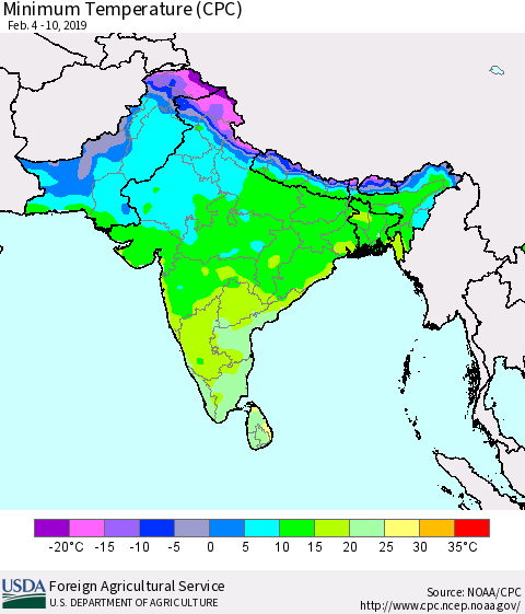 Southern Asia Mean Minimum Temperature (CPC) Thematic Map For 2/4/2019 - 2/10/2019
