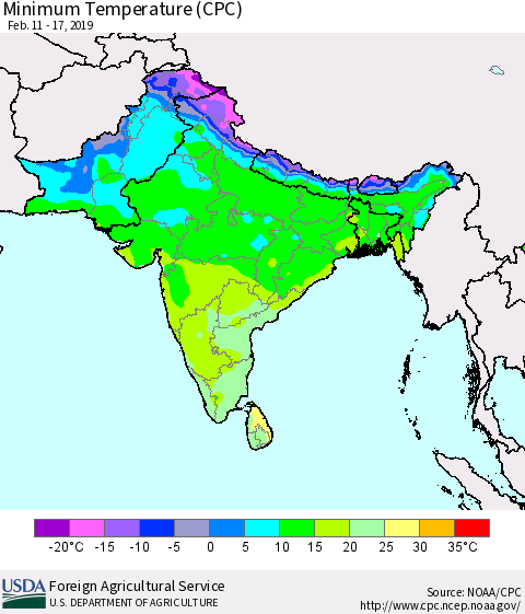 Southern Asia Mean Minimum Temperature (CPC) Thematic Map For 2/11/2019 - 2/17/2019