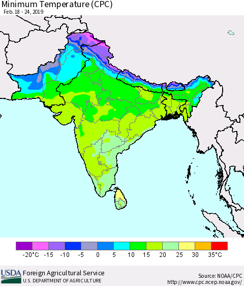Southern Asia Mean Minimum Temperature (CPC) Thematic Map For 2/18/2019 - 2/24/2019