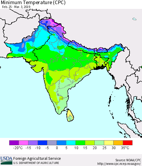 Southern Asia Mean Minimum Temperature (CPC) Thematic Map For 2/25/2019 - 3/3/2019