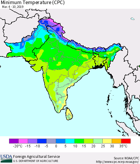 Southern Asia Mean Minimum Temperature (CPC) Thematic Map For 3/4/2019 - 3/10/2019
