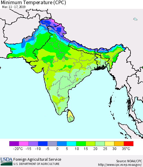 Southern Asia Mean Minimum Temperature (CPC) Thematic Map For 3/11/2019 - 3/17/2019