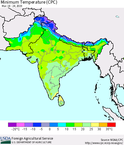 Southern Asia Mean Minimum Temperature (CPC) Thematic Map For 3/18/2019 - 3/24/2019