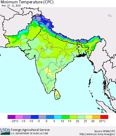 Southern Asia Mean Minimum Temperature (CPC) Thematic Map For 3/25/2019 - 3/31/2019