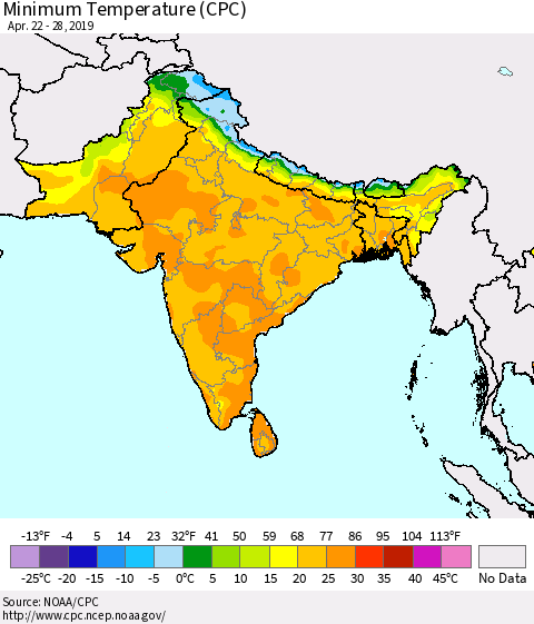 Southern Asia Mean Minimum Temperature (CPC) Thematic Map For 4/22/2019 - 4/28/2019
