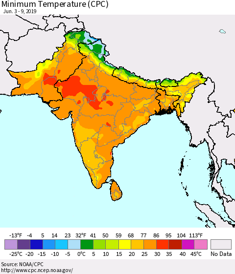 Southern Asia Minimum Temperature (CPC) Thematic Map For 6/3/2019 - 6/9/2019