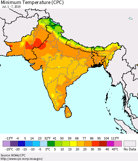 Southern Asia Minimum Temperature (CPC) Thematic Map For 7/1/2019 - 7/7/2019
