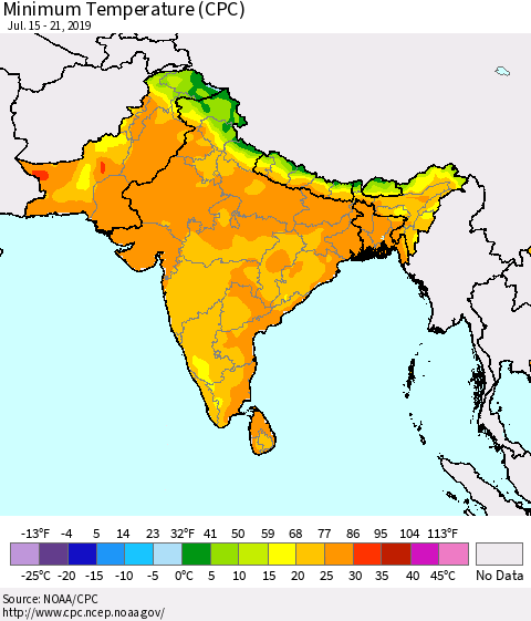 Southern Asia Mean Minimum Temperature (CPC) Thematic Map For 7/15/2019 - 7/21/2019