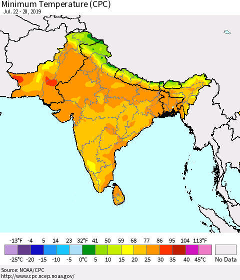 Southern Asia Minimum Temperature (CPC) Thematic Map For 7/22/2019 - 7/28/2019