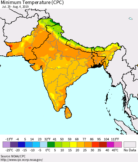 Southern Asia Minimum Temperature (CPC) Thematic Map For 7/29/2019 - 8/4/2019