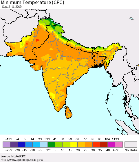 Southern Asia Minimum Temperature (CPC) Thematic Map For 9/2/2019 - 9/8/2019