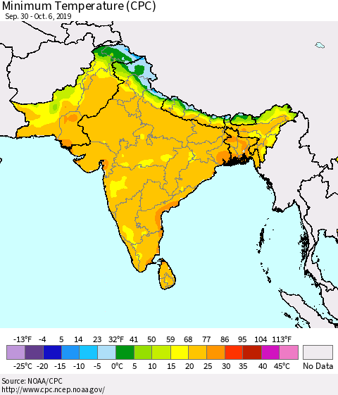 Southern Asia Minimum Temperature (CPC) Thematic Map For 9/30/2019 - 10/6/2019