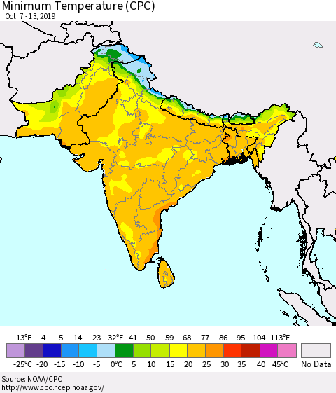Southern Asia Minimum Temperature (CPC) Thematic Map For 10/7/2019 - 10/13/2019