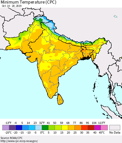 Southern Asia Minimum Temperature (CPC) Thematic Map For 10/14/2019 - 10/20/2019