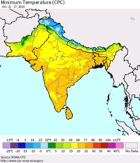 Southern Asia Minimum Temperature (CPC) Thematic Map For 10/21/2019 - 10/27/2019