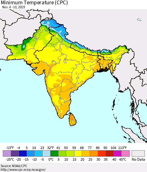 Southern Asia Minimum Temperature (CPC) Thematic Map For 11/4/2019 - 11/10/2019