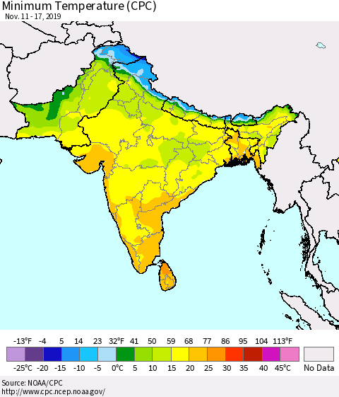 Southern Asia Minimum Temperature (CPC) Thematic Map For 11/11/2019 - 11/17/2019