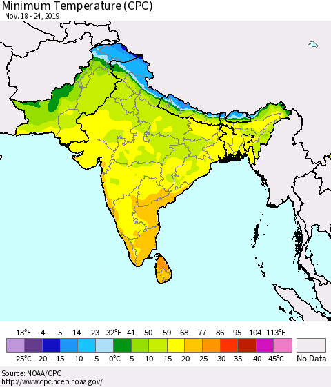 Southern Asia Minimum Temperature (CPC) Thematic Map For 11/18/2019 - 11/24/2019