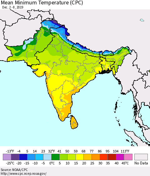 Southern Asia Minimum Temperature (CPC) Thematic Map For 12/2/2019 - 12/8/2019