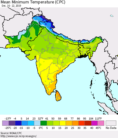 Southern Asia Mean Minimum Temperature (CPC) Thematic Map For 12/16/2019 - 12/22/2019