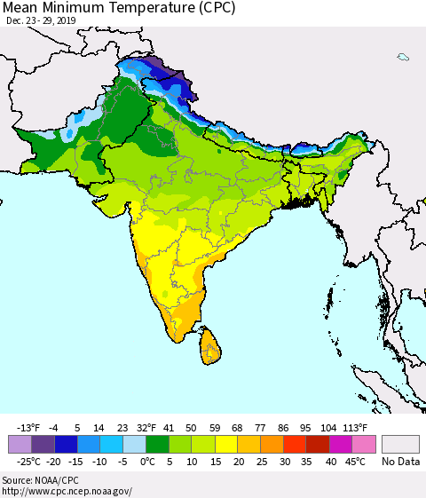 Southern Asia Minimum Temperature (CPC) Thematic Map For 12/23/2019 - 12/29/2019