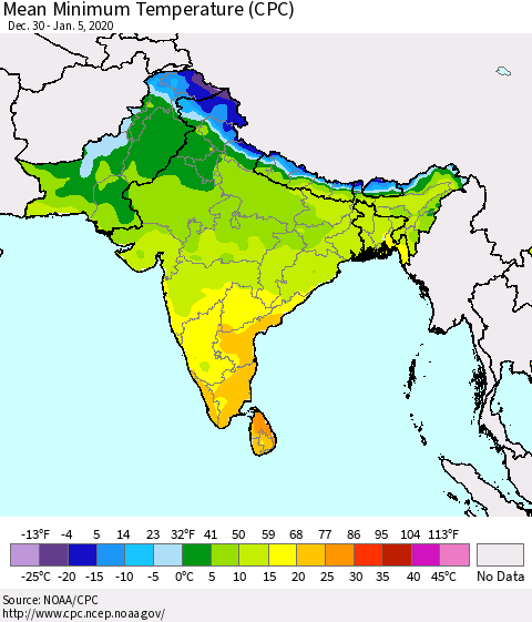 Southern Asia Minimum Temperature (CPC) Thematic Map For 12/30/2019 - 1/5/2020
