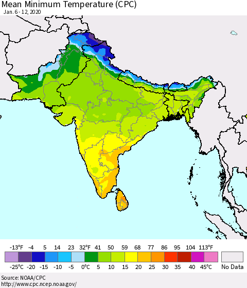 Southern Asia Minimum Temperature (CPC) Thematic Map For 1/6/2020 - 1/12/2020