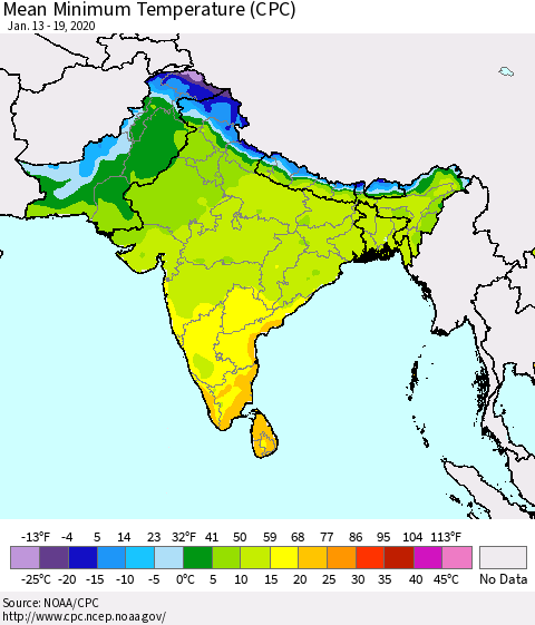Southern Asia Mean Minimum Temperature (CPC) Thematic Map For 1/13/2020 - 1/19/2020