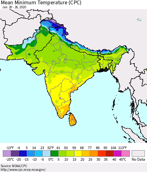 Southern Asia Minimum Temperature (CPC) Thematic Map For 1/20/2020 - 1/26/2020