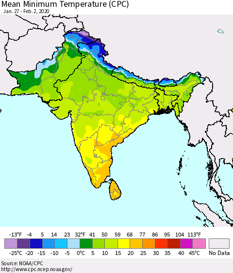 Southern Asia Minimum Temperature (CPC) Thematic Map For 1/27/2020 - 2/2/2020