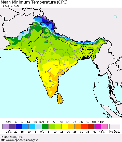 Southern Asia Minimum Temperature (CPC) Thematic Map For 2/3/2020 - 2/9/2020