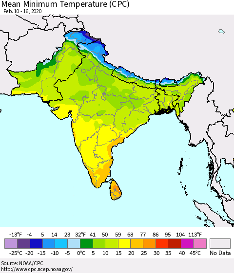 Southern Asia Minimum Temperature (CPC) Thematic Map For 2/10/2020 - 2/16/2020