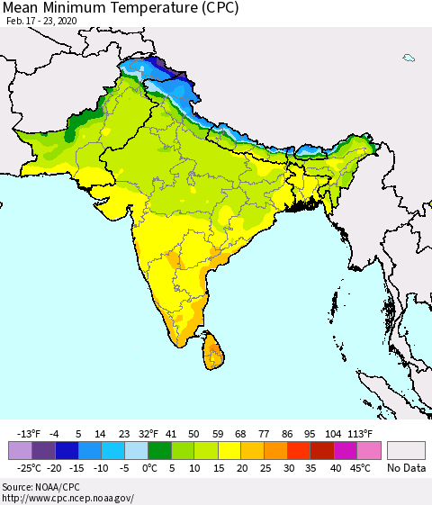 Southern Asia Minimum Temperature (CPC) Thematic Map For 2/17/2020 - 2/23/2020