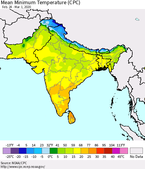 Southern Asia Minimum Temperature (CPC) Thematic Map For 2/24/2020 - 3/1/2020