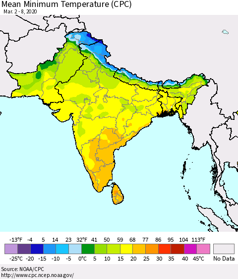 Southern Asia Minimum Temperature (CPC) Thematic Map For 3/2/2020 - 3/8/2020