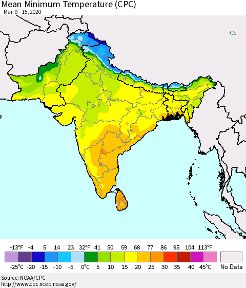 Southern Asia Minimum Temperature (CPC) Thematic Map For 3/9/2020 - 3/15/2020