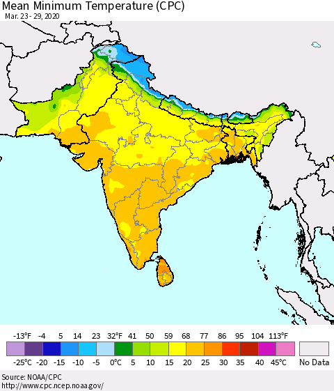 Southern Asia Minimum Temperature (CPC) Thematic Map For 3/23/2020 - 3/29/2020