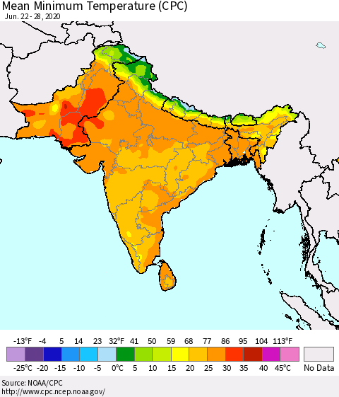Southern Asia Mean Minimum Temperature (CPC) Thematic Map For 6/22/2020 - 6/28/2020