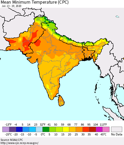 Southern Asia Mean Minimum Temperature (CPC) Thematic Map For 7/13/2020 - 7/19/2020