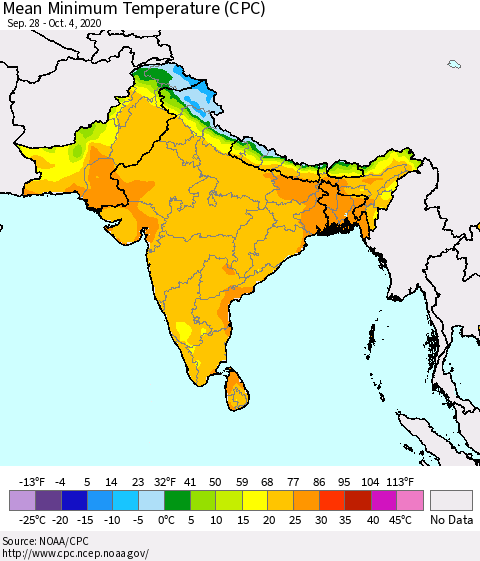 Southern Asia Mean Minimum Temperature (CPC) Thematic Map For 9/28/2020 - 10/4/2020