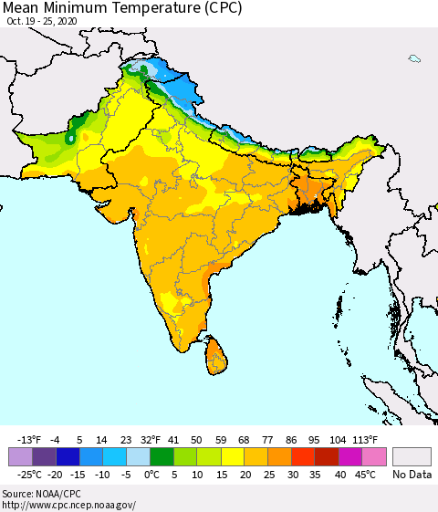 Southern Asia Mean Minimum Temperature (CPC) Thematic Map For 10/19/2020 - 10/25/2020