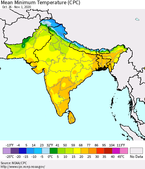 Southern Asia Minimum Temperature (CPC) Thematic Map For 10/26/2020 - 11/1/2020